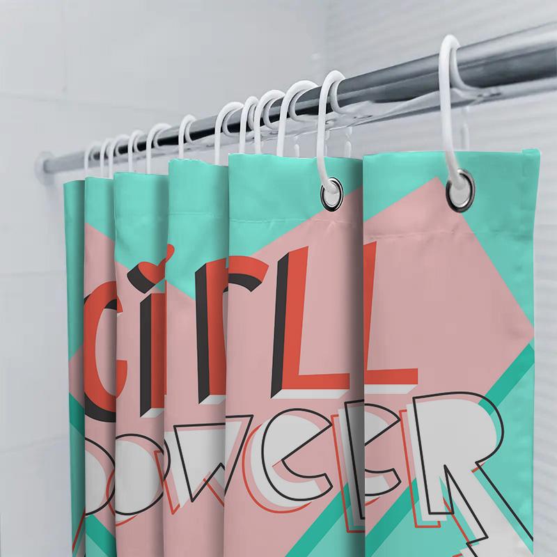 Girl Power Shower Curtain Bold Pink Blue Design For Bathroom Decor Waterproof Fabric With Hooks Set