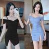Summer New Solid Color Suspender Slim Hip Dress Women's Pleated Slim Short Sleeve Sexy Split Skirt
