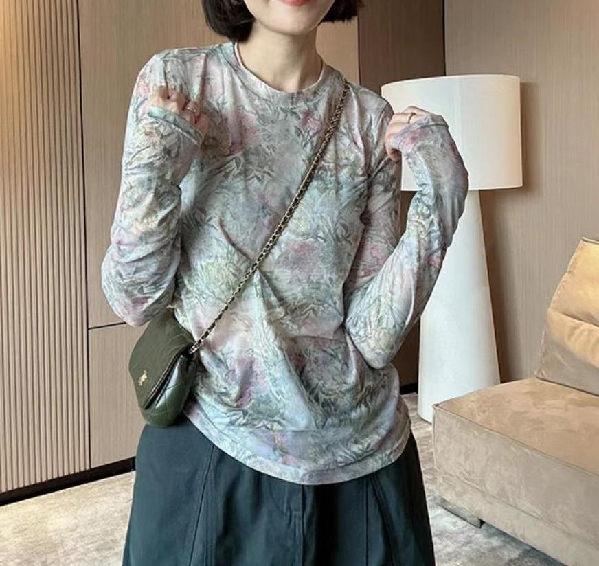 Women's 2025 Retro Print Mesh Long Sleeve T-Shirt – Stylish, Versatile Inner Layer Fashion Top