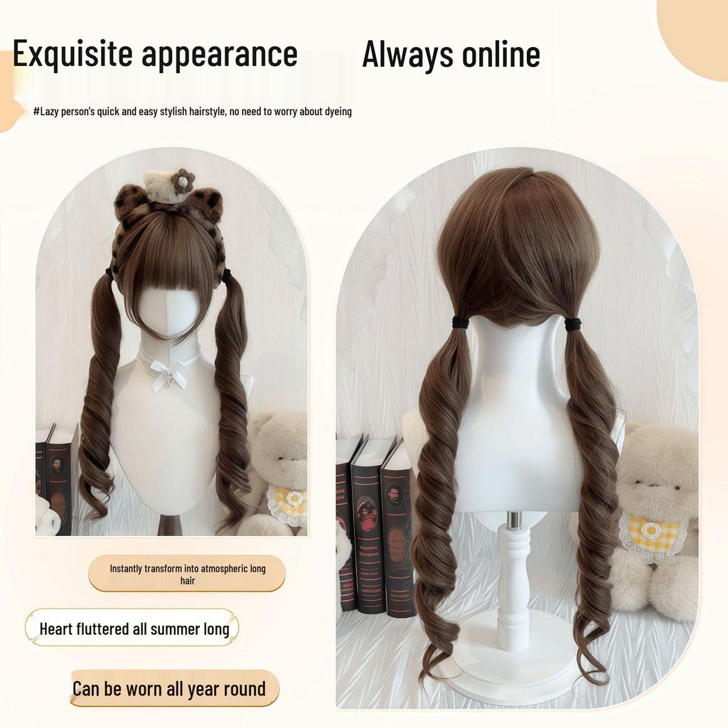 70cm Double Ponytail Lolita Wig with Sideburns - Long, Curly Daily Wig for Women