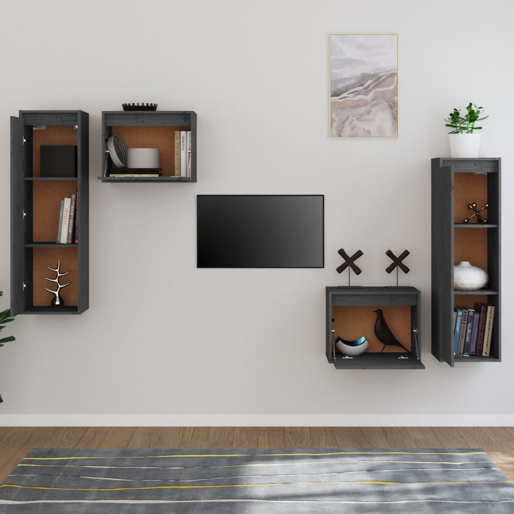 TV Cabinets Set of 4 Gray Solid Pine Wood