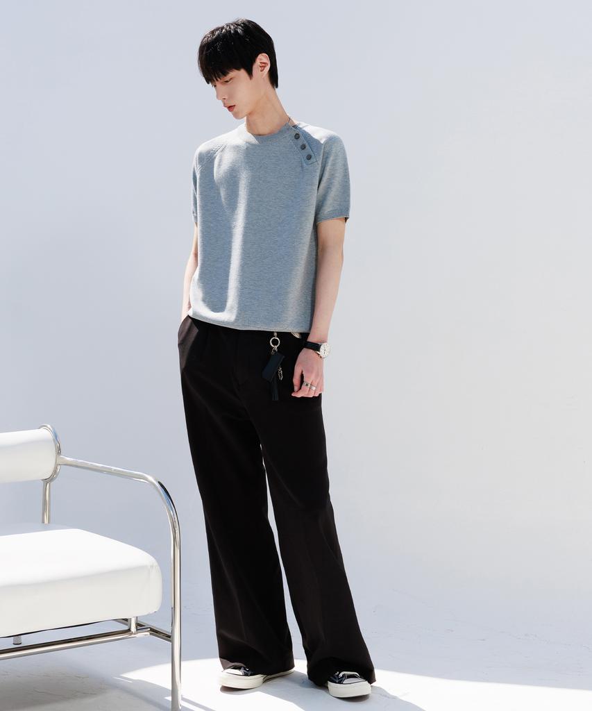 NODU Shoulder Button Raglan Crop Half Knit [Gray]