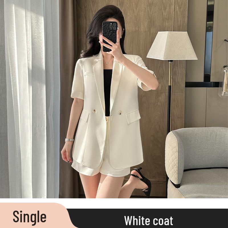 2025 Women's Summer White Blazer & Short Sleeve Suit Set - Plus Size, High-End, Fashionably Loose Fit