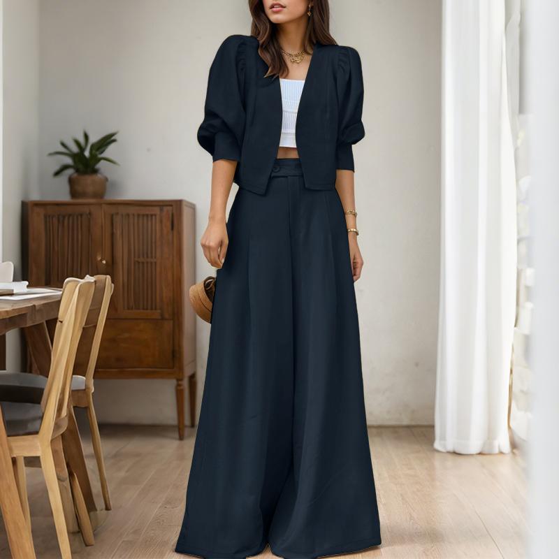 

ZANZEA Женский кардиган с длинным рукавом, блузка и брюки с широкими штанинами, костюм-двойка темно-синий