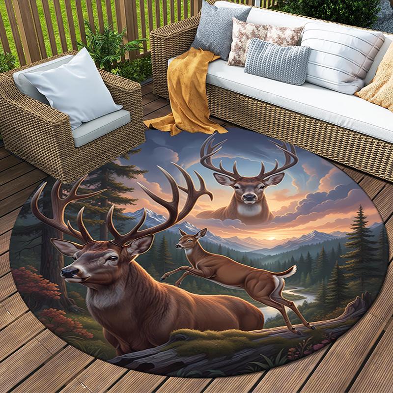 Deer Bear Wolf Round Area Rug,Carpet Rug for Living Room Bedroom Sofa Playroom Decor,Non-slip Floor Mat