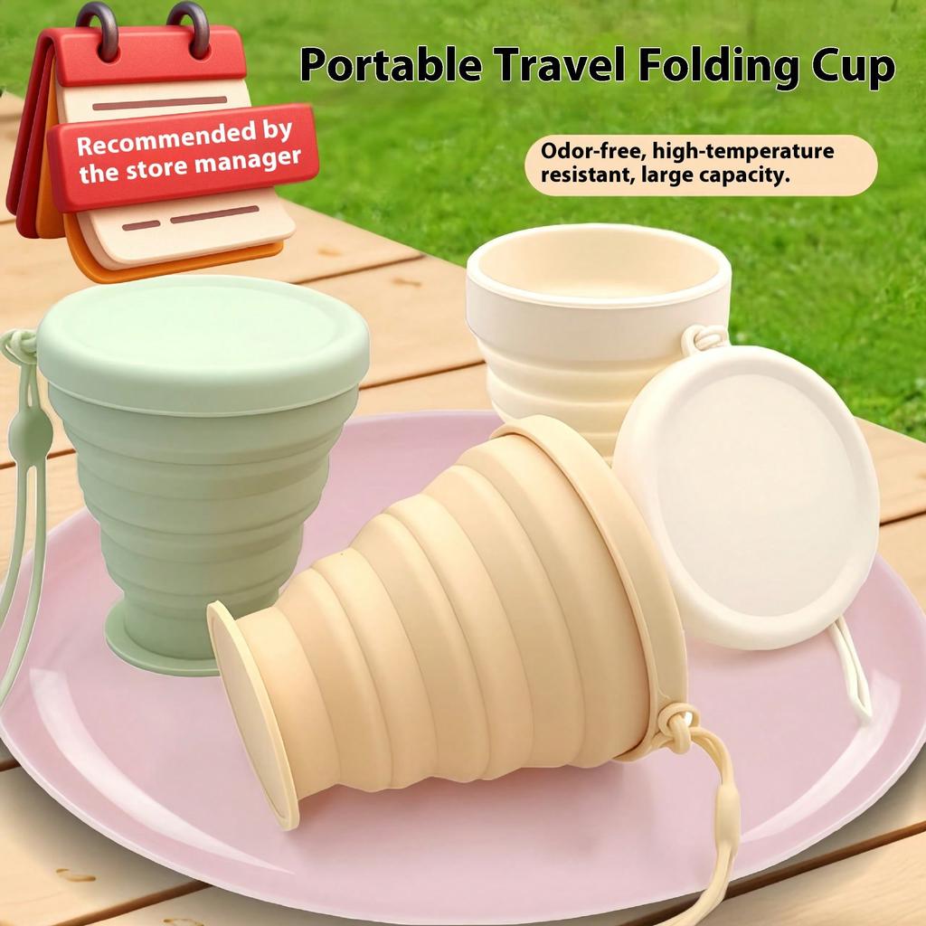 Silicone foldable travel water cup, press-to-collapse design, convenient for outdoor use and easy to carry and store.