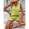Dwuczęściowy Zestaw, Lekko Elastyczny Materiał Top z Dekoltem w Serek z Imitacją Guzików, Top Bez Rękawów i Szorty, Casual Wakacyjny.