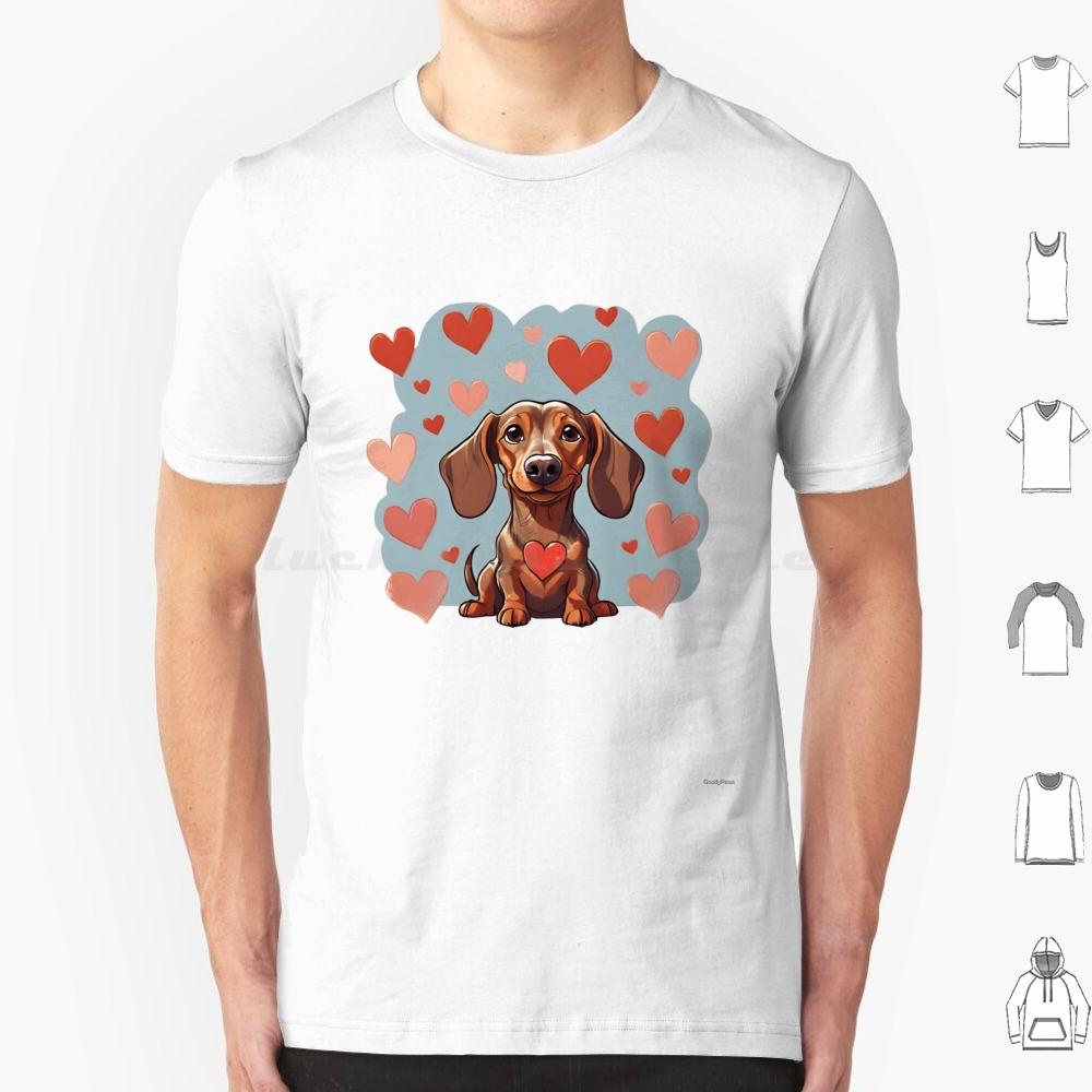 Cute Valentine Daschound Dog T Shirt Cotton Men Women DIY Print Dog Breeds Cute Dog Dog With Hearts Valentine Dog Animals