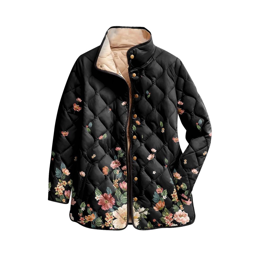 Women's Floral Print Stand Up Collar Pleated Cotton Long Sleeved Button Cotton Jacket