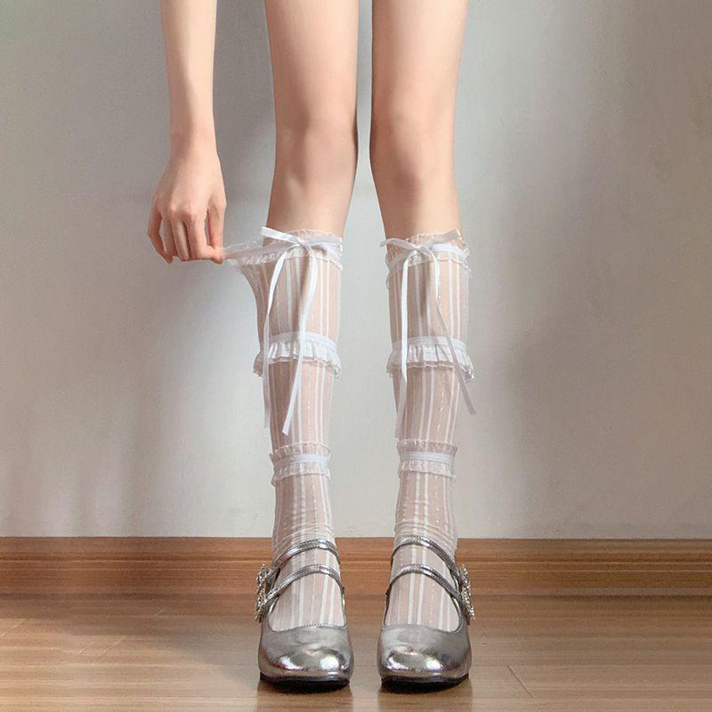 

White Lace Trim Ribbon Bow Lolita Ballet Mid-Calf Socks for Women One Size