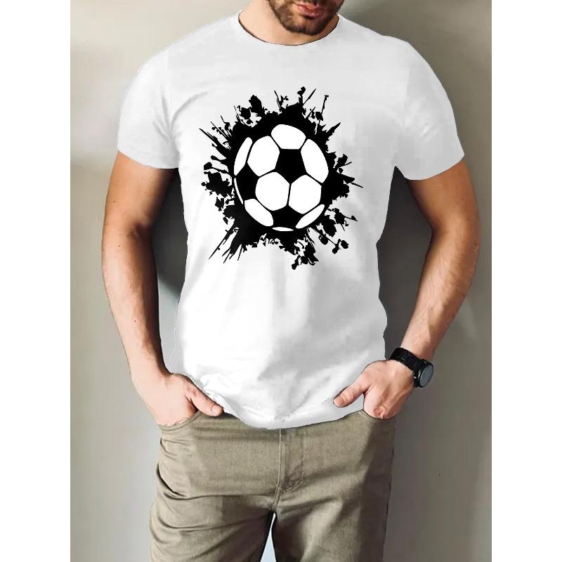 One-Sided Print T-Shirt,Soccer-Inspired Ink Print Men'S Round Neck Short-Sleeve T-Shirt, Stylish,Comfortable And Breathable Casual Sportswear, Relaxed