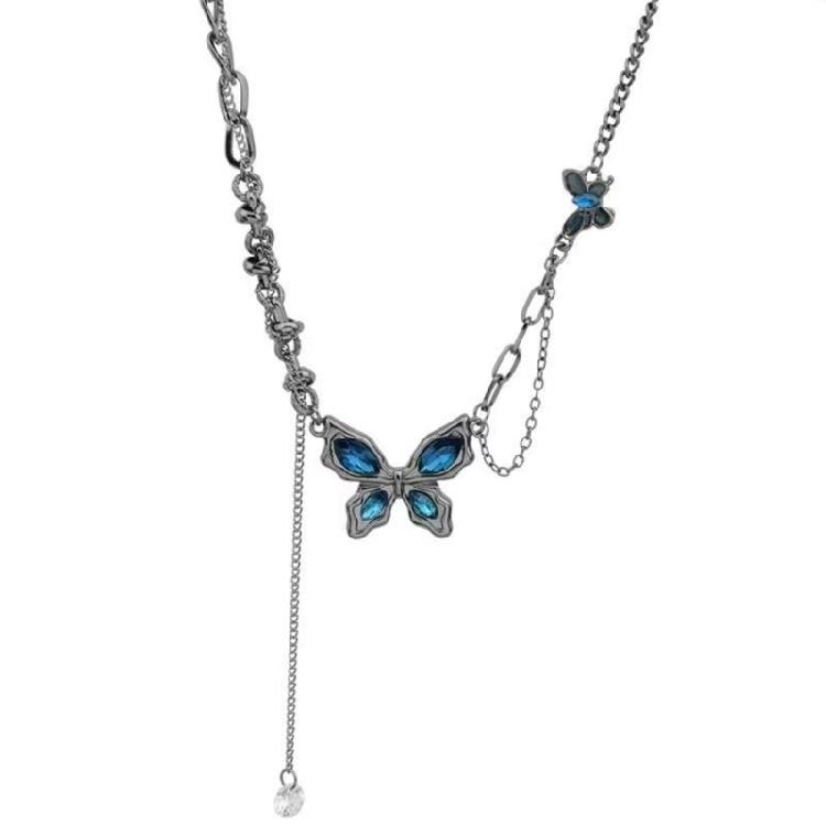 Elegant Yet Edgy Blue Butterfly Pendant Necklace Multi Layer Chain Design Comfort Wear Art Inspired Jewelry 1