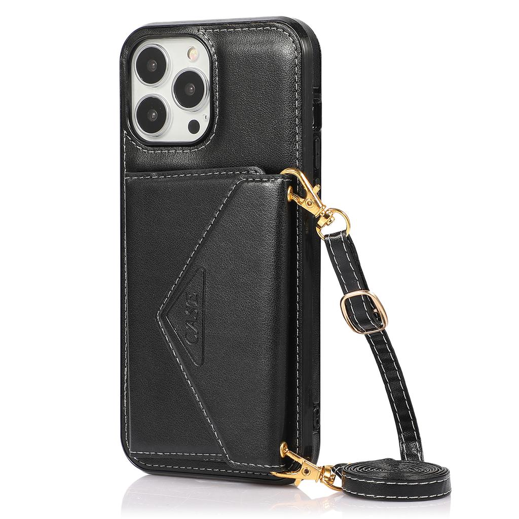 For iPhone 16 Pro Cell Phone Case Triangle Lid Card Bag Leather + TPU Cover with Long Strap
