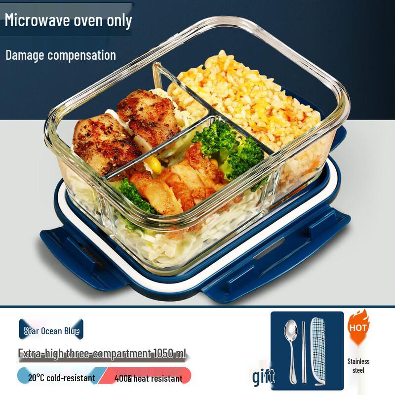 Microwaveable Glass Lunch Box with 3 Compartments 1050ml