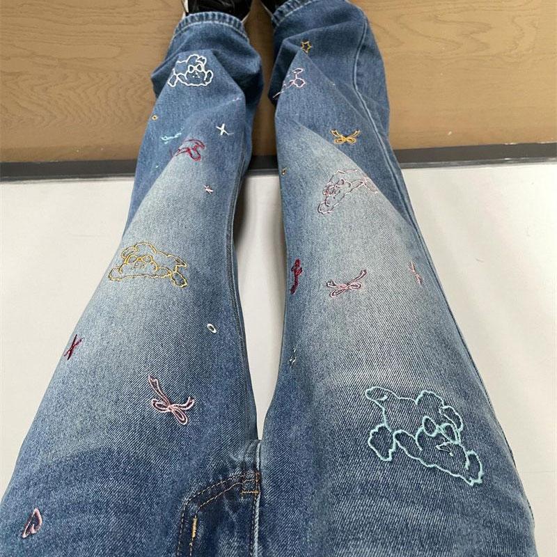 Stylish Cute Puppy Embroidery Loose Jeans Spring Autumn High Waist Denim Pants Women's Clothing Vintage Casual Straight Trousers