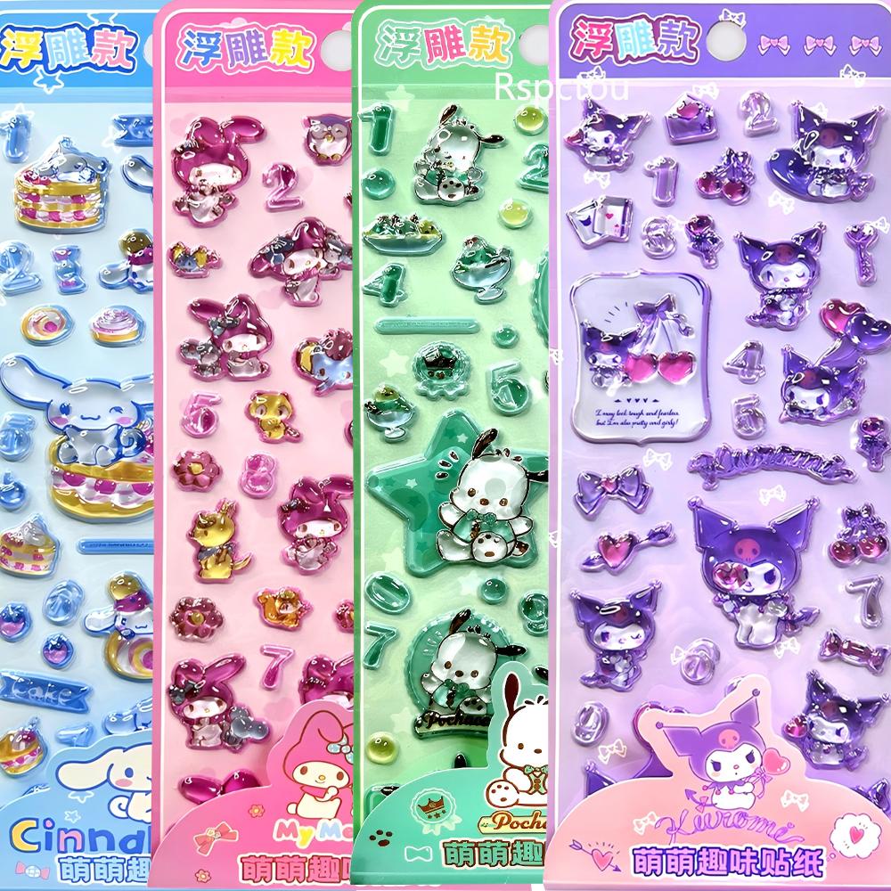 Cute Sanrio 3D Crystal Stickers Aesthetic Cartoon Decoration Decals Pochacco Cinnamoroll My Melody Kuromi Relief Sticker