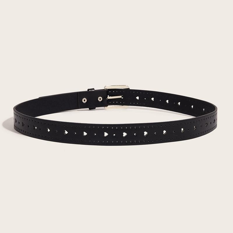 Women PU Leather Belt Heart Hole Decoration Solid Color Belt