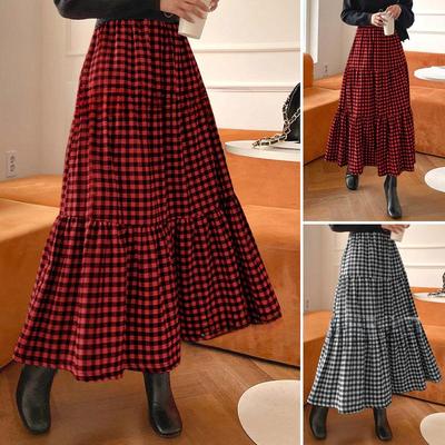 Spring and Autumn Plaid Long Skirt Women's High Waist Large Swing Umbrella Skirt A-line Mid-length Retro Plaid Skirt