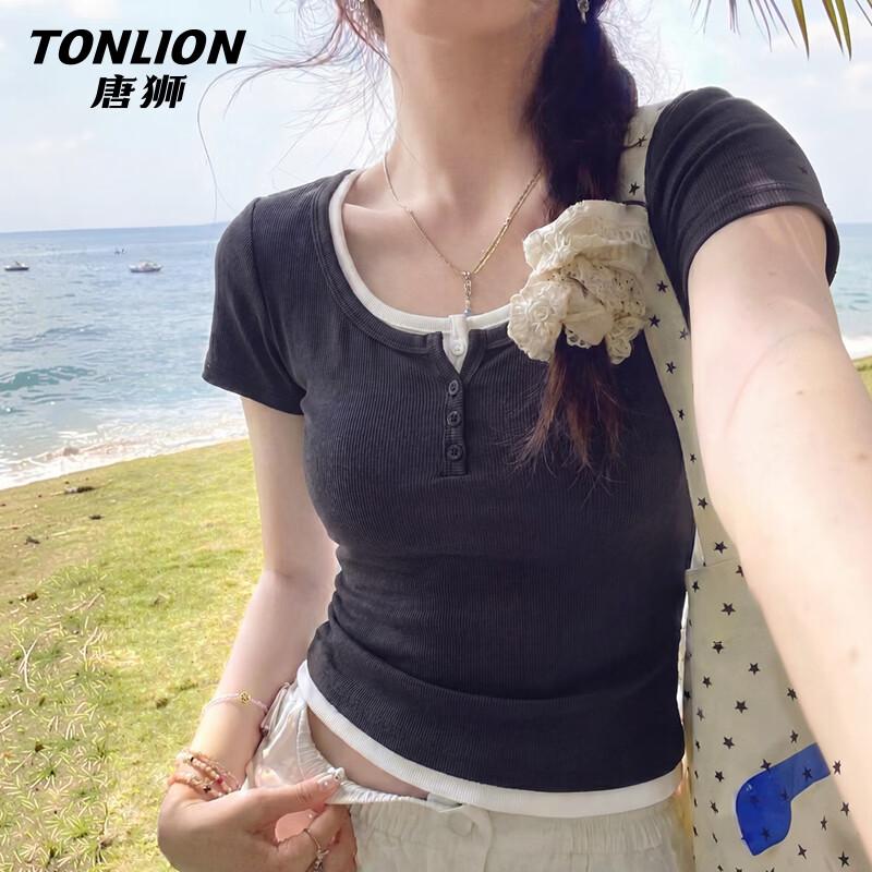 TonLion Women s Faux Two-Piece Slim Fit Short Sleeve Tee M