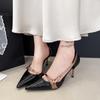 Fashion New Pointed Toe Snakeskin Stiletto Heels Summer  Women's Retro Shallow Mouth Metal Buckle Hollow Non-slip Single Shoes