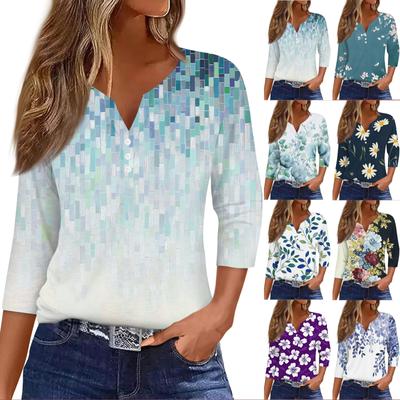 Damska koszulka T-shirt z nadrukiem Rękaw 3/4 Codzienny weekend Moda Podstawowy Dekolt w kształcie litery V Regularny top