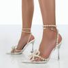 Fashion Luxury Rhinestone Soft Clear PVC Women Pumps Sexy Ankle Strap Pearls Bowknot Thin High Heels Fashion Summer Wedding Bridal Shoes