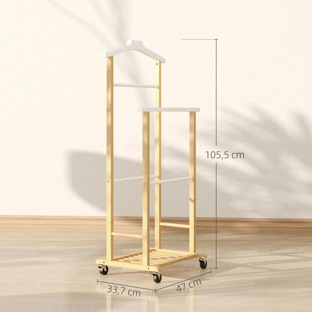 Bamboo Valet Stand with Wheels, Top Hanger, Trouser Bars and Shoe Shelf, Natural & White