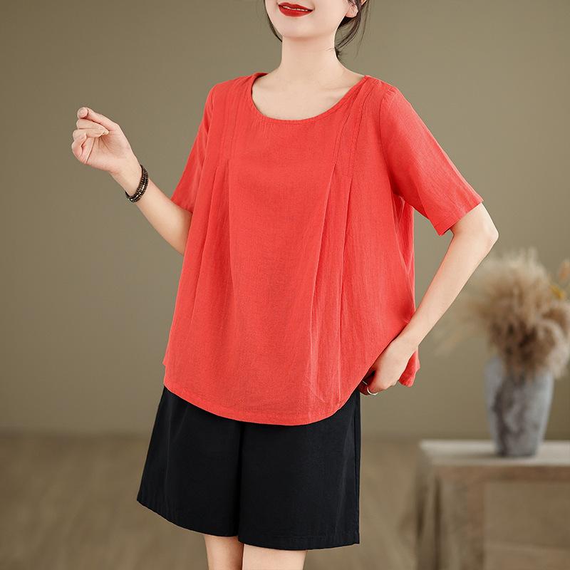 

Художественный ретро хлопок лен короткий рукав женский свободный повседневный круглый вырез топ летний однотонный универсальный льняной футболка блузки и рубашки M красный