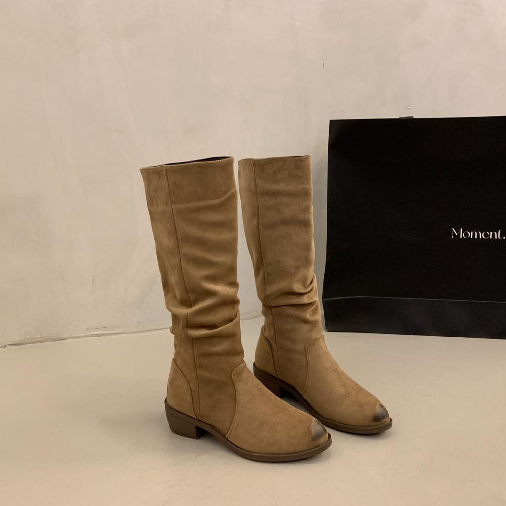 Cowhide Version Retro Fashion Brown Stacking Boots Women's Autumn New Tall Thin Boots Suede Versatile Boots