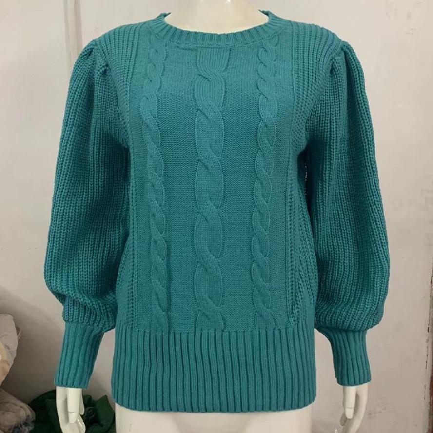 Solid Color Knitted Sweater Women's Round Neck Pullover Lantern Sleeve Top