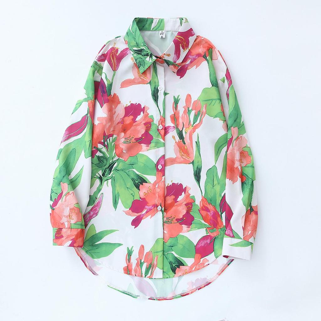 Women's New Floral Print Loose Collar Long Sleeved Fashionable Shirt