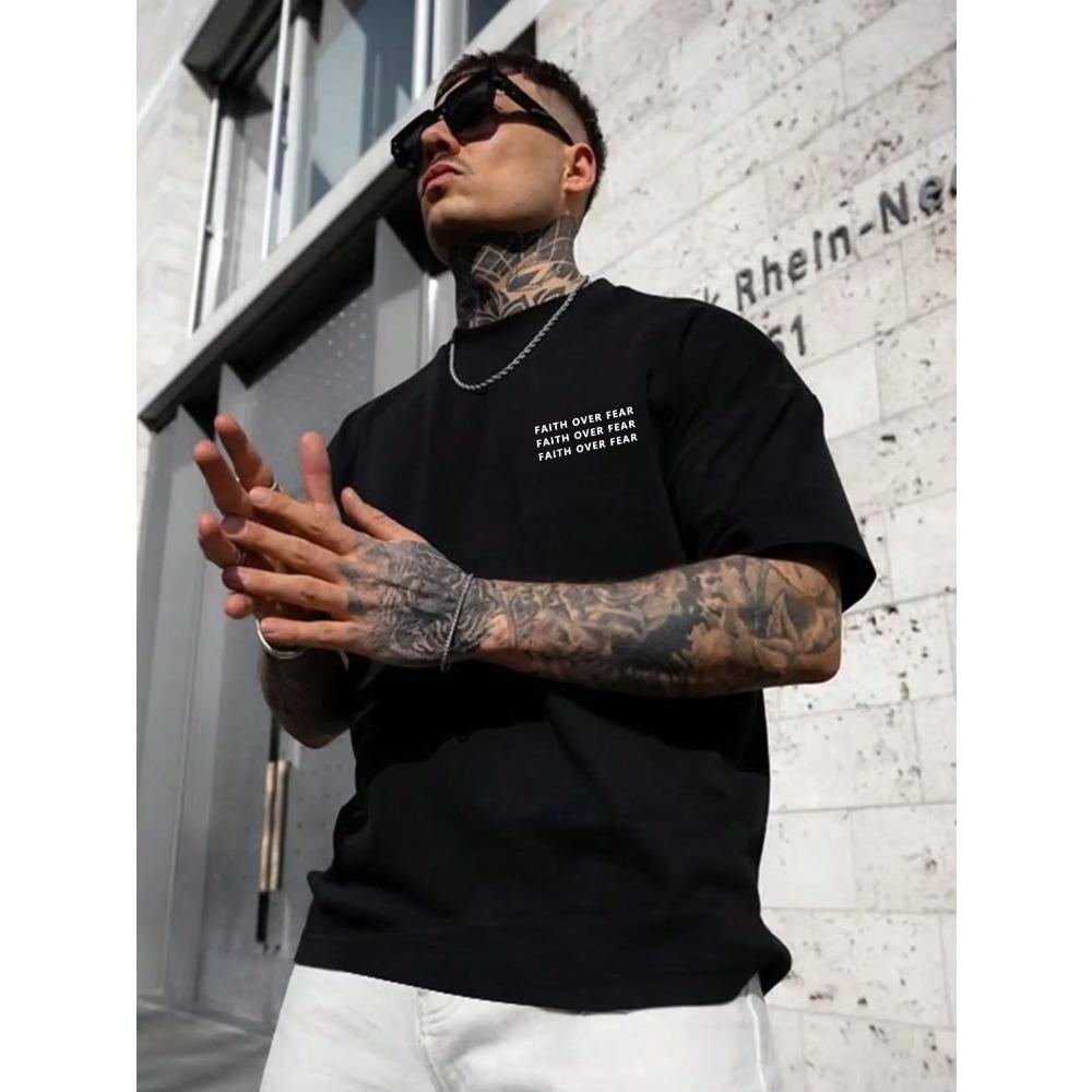 Faith Over Fear Positive Energy Letter Graphic Tshirts Men Fashion Cotton T-Shirts Summer Loose Tee Clothes Breathable Soft Tops