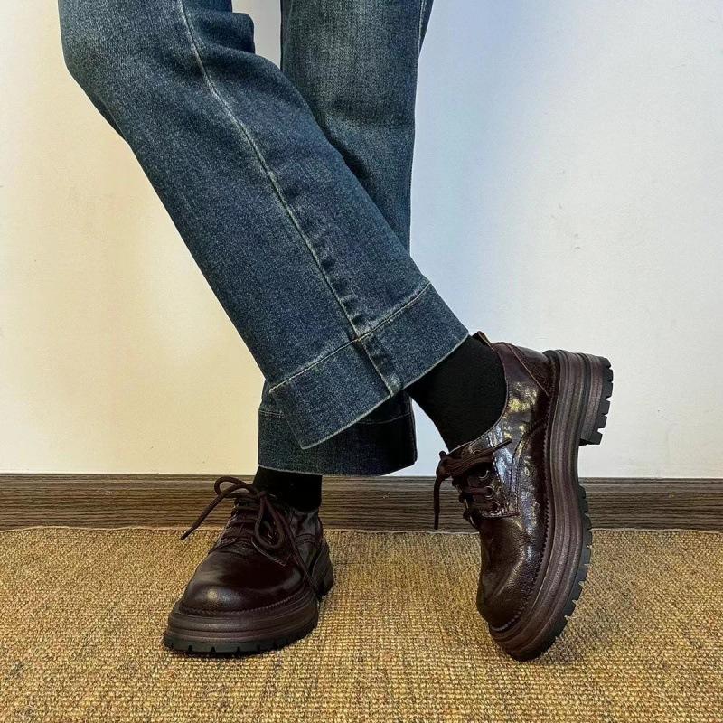 

French British style round head front lace-up platform small leather shoes retro thick heel loafers single shoes 40 коричневий