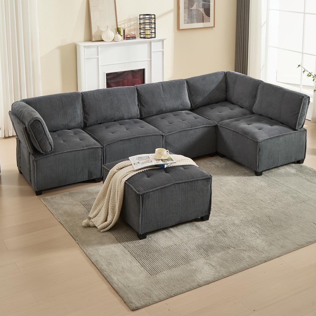 Modular 6-Seater Sofa, Corduroy, Ergonomic, Storage Pockets, Combinable As U-Shape/L-Shape/Sofa Bed, Wood and Metal Structure, Easy Assembly, Grey