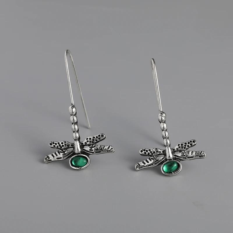 Retro Silver Color Women's Dragonfly Earrings Inlaid with Blue Stones Dangle Earrings for Women Party Engagement Fashion Jewelry
