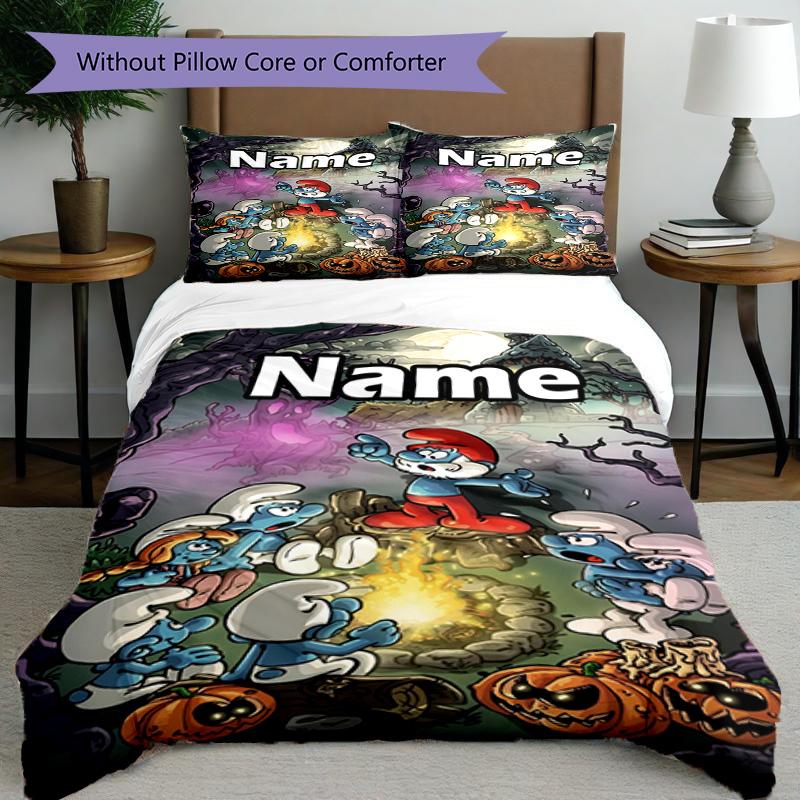 3pcs Duvet Cover Set (1*Duvet Cover + 2*Pillowcase, Without Core), Custom Name Blue Smurfs Pattern Bedding Set, Home Bedroom Decor Gift