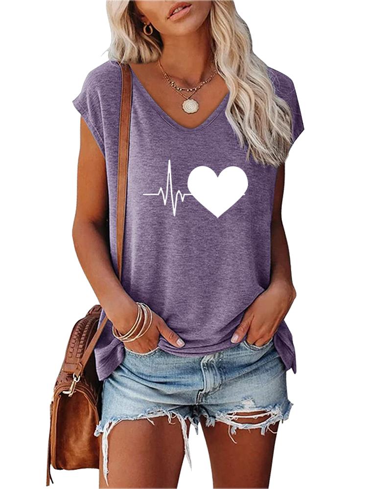 Women Fashion V Collar Short Sleeve Top Summer Casual Print T-shirt