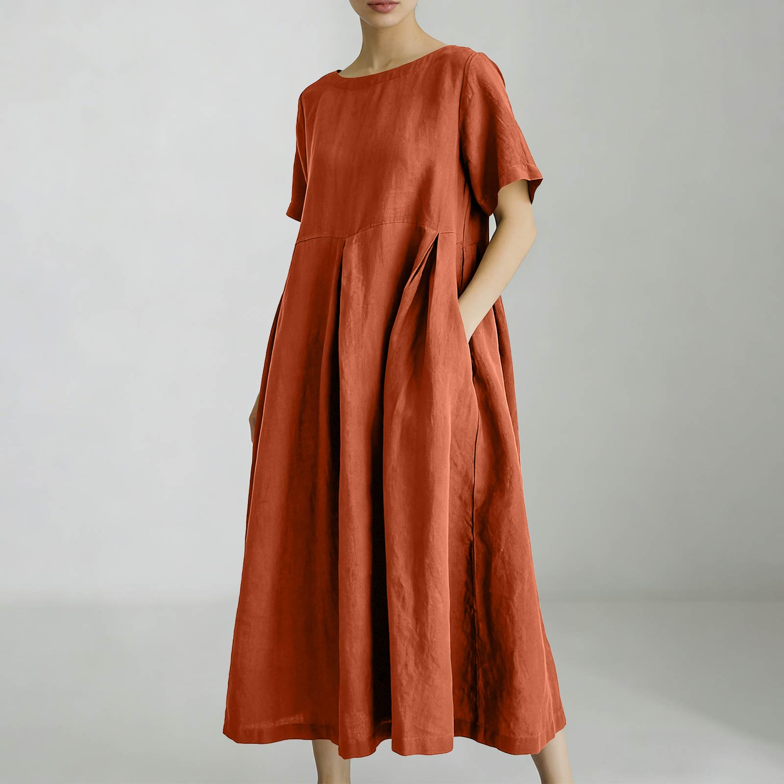 Women s Fashionable Casual Loose Fit Short-Sleeve Mid Length Dress With Pockets M шафрановый