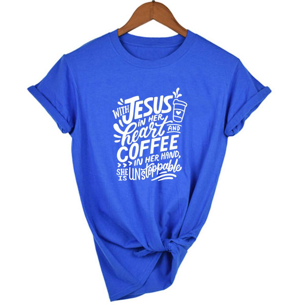 With Jesus In Her Heart And Coffee In Her Hand Women Faith God T Shirt