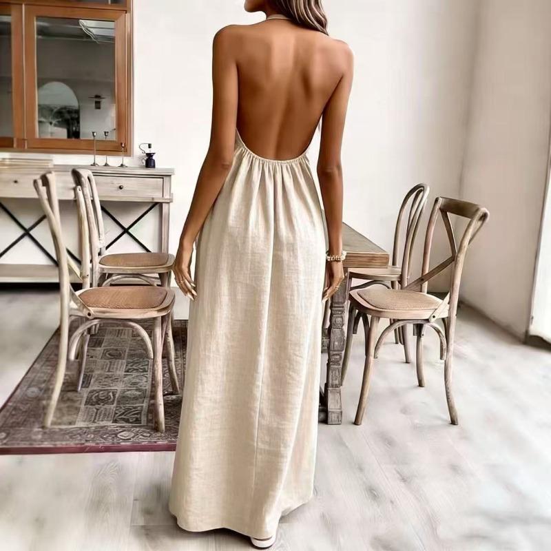 Mode Ärmelloses Lockeres Langes Kleid Neu Einfarbige Hängende Hals Party Sommerkleid Rückenfrei Sexy Falten Casual Einfache Kleidung