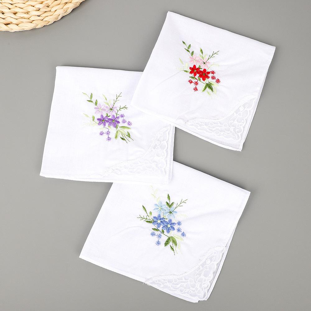 Set of 3 Cotton Handkerchiefs 28cm with Butterfly Flower Embroidery and Lace Edging Ladies Embroidered Handkerchiefs High Thread Count one size