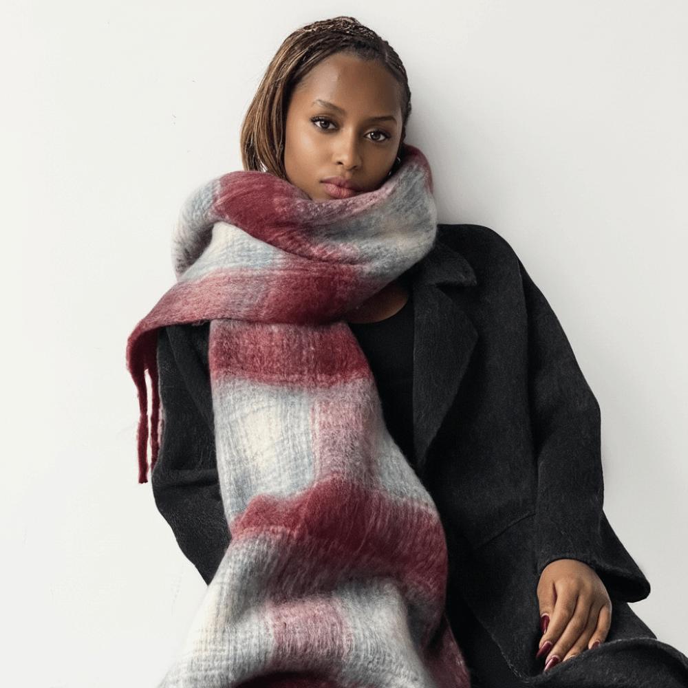 Plush Plaid Wool Scarf Tassel Long Shawl Simple Winter Cashmere Scarves  Girl