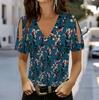 Women V Neck Cold Shoulder Blouse Dark Brown Dense Leopard Print Short Sleeve Top