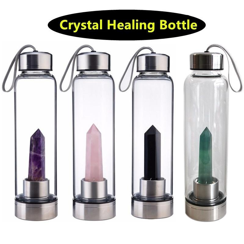 Botella de agua de cristal curativo natural de 550 ml con tapa de acero inoxidable 304, varita de piedra de cuarzo fluorita, botella de vidrio energético, taza de agua