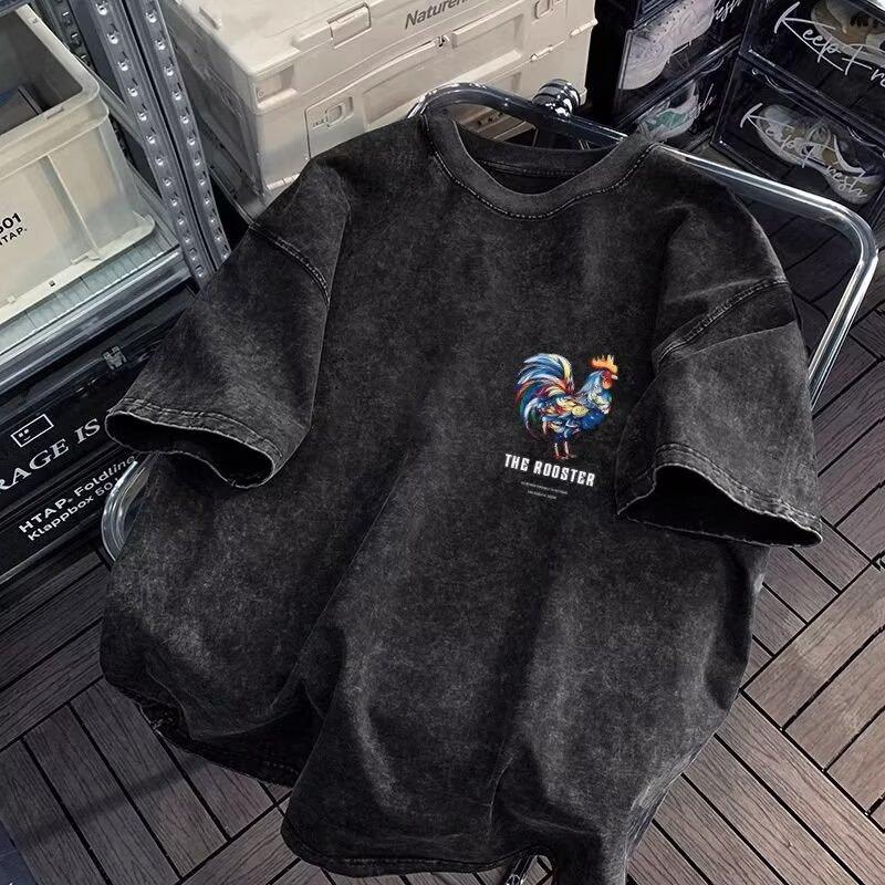 Men's High Street Casual Hip Hop Rock T-shirts Vintage Washed Distressed Short Sleeve T-shirts Base Shirt