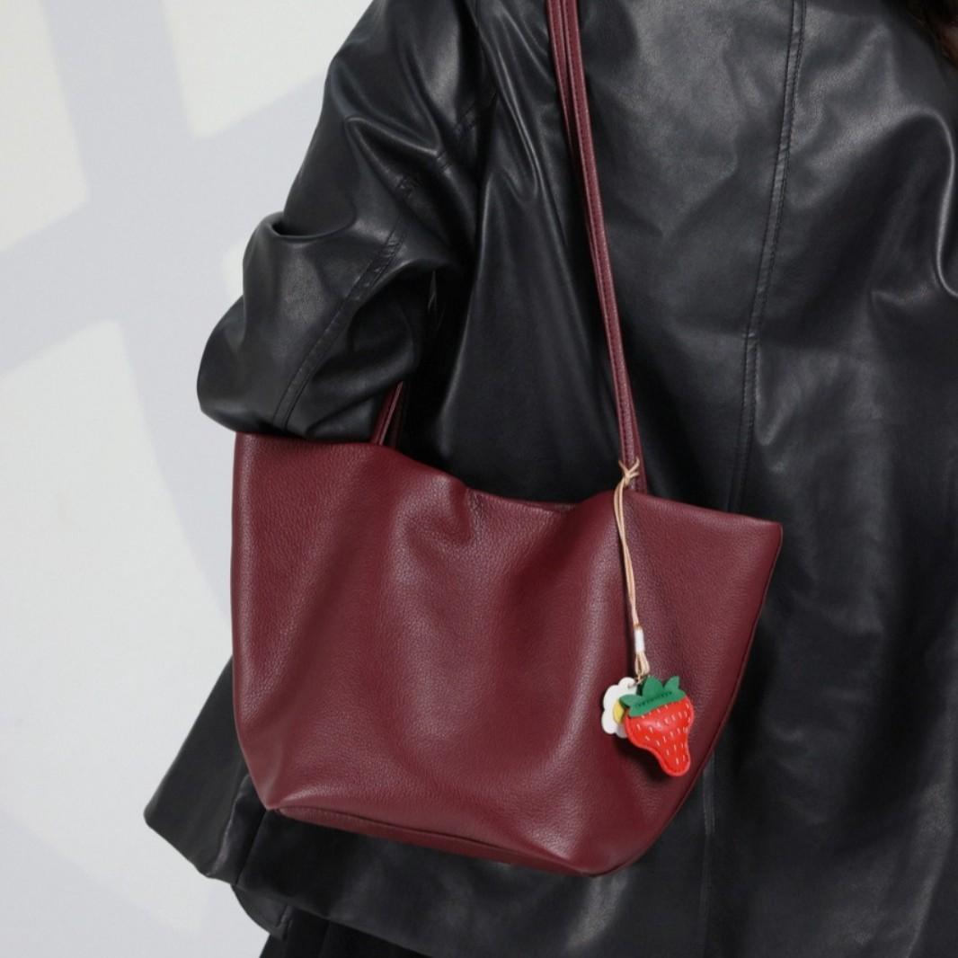 Leather Women s Bag, High-end Bucket Bag, Large-capacity Single-shoulder Bag, Top-grain Cowhide Women s Bag, Tote Bag 18x21x15cm