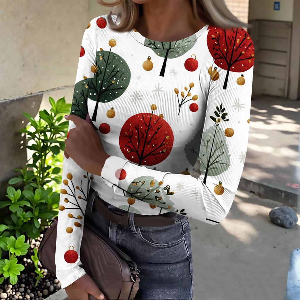 Women's  Slim Bottom T-shirt Fashion Casual Gradient Printing Round Neck Pullover Long Sleeve Top