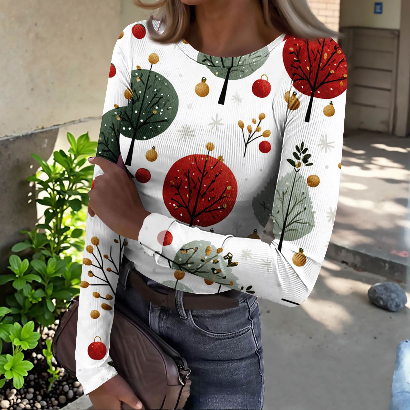 

Женская футболка с облегающим низом, модная повседневная с градиентным принтом, пуловер с круглым вырезом и длинными рукавами M