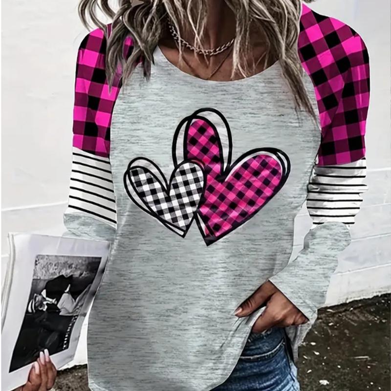 Hauts pour femmes Color Block Love Print T-shirt à manches longues à col rond et à manches longues pour l'automne