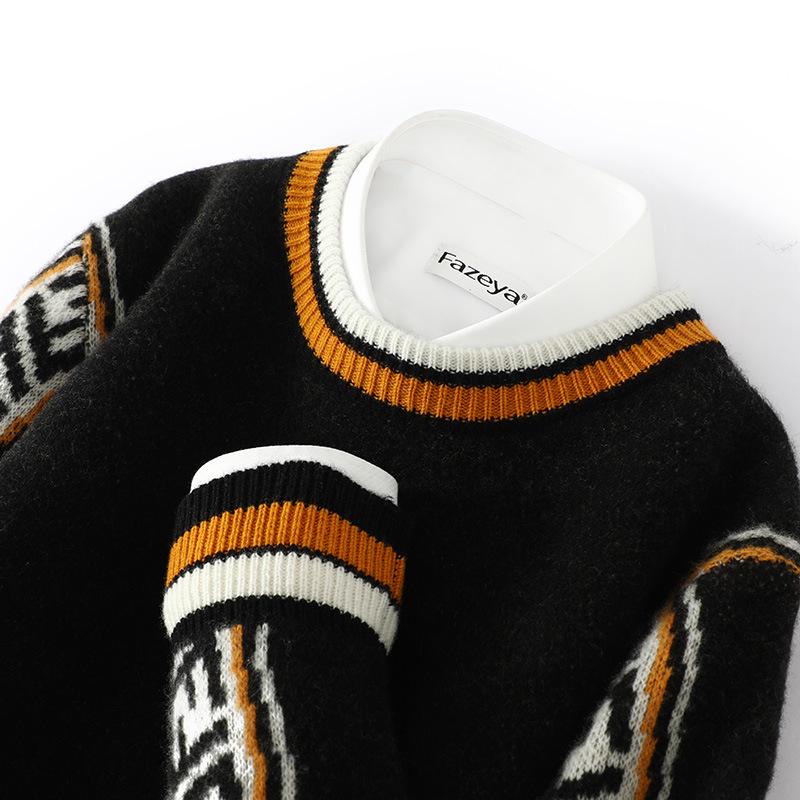 

Men s Thickened Pure Wool Round Neck Color Block Sweater - Autumn & Winter Casual Knitwear S чорний